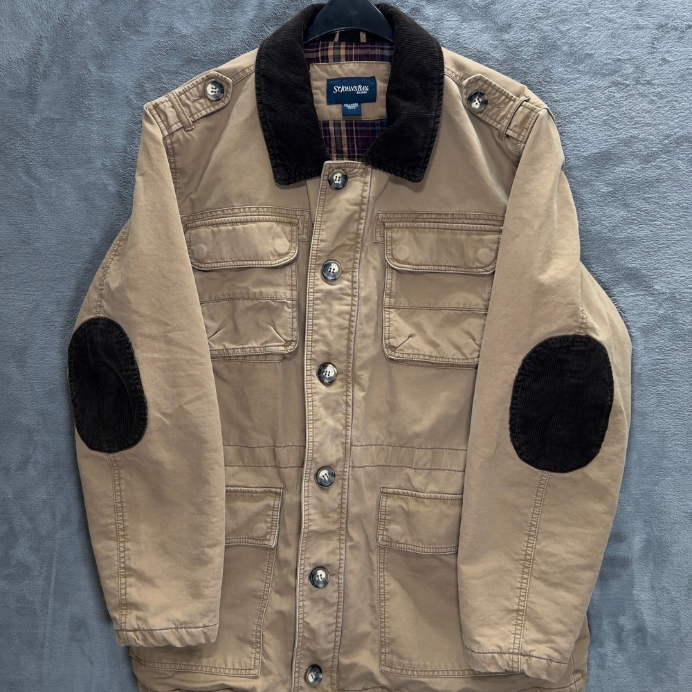 St Johns Bay Mens Tan Field Jacket Corduroy Collar Elbow Patches XXL